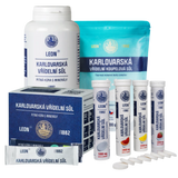 LEON products: thermal spring salt in a jar and sachets, four tubes of tablets and a turquoise pouch of bath salt.