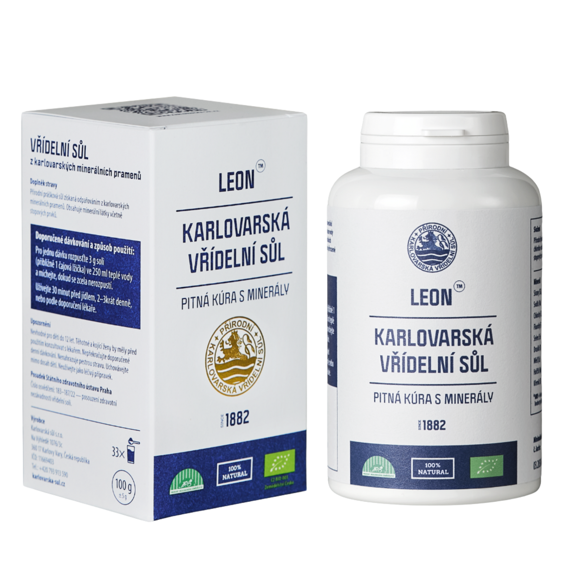 Karlovarská vřídelní sůl LEON 100 g v bílé dóze vedle papírové krabičky.
