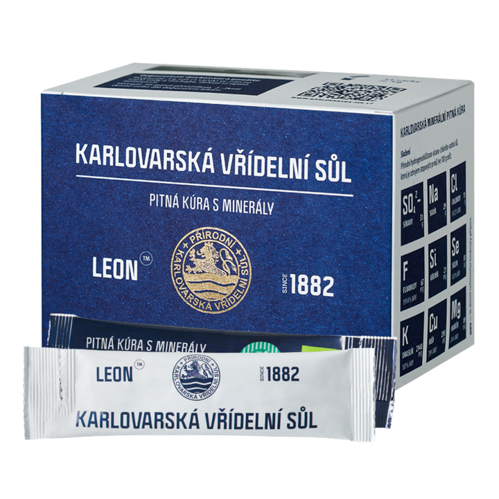 Karlovarská vřídelní sůl v sáčcích 20 × 3 g – krabička a jeden sáček.