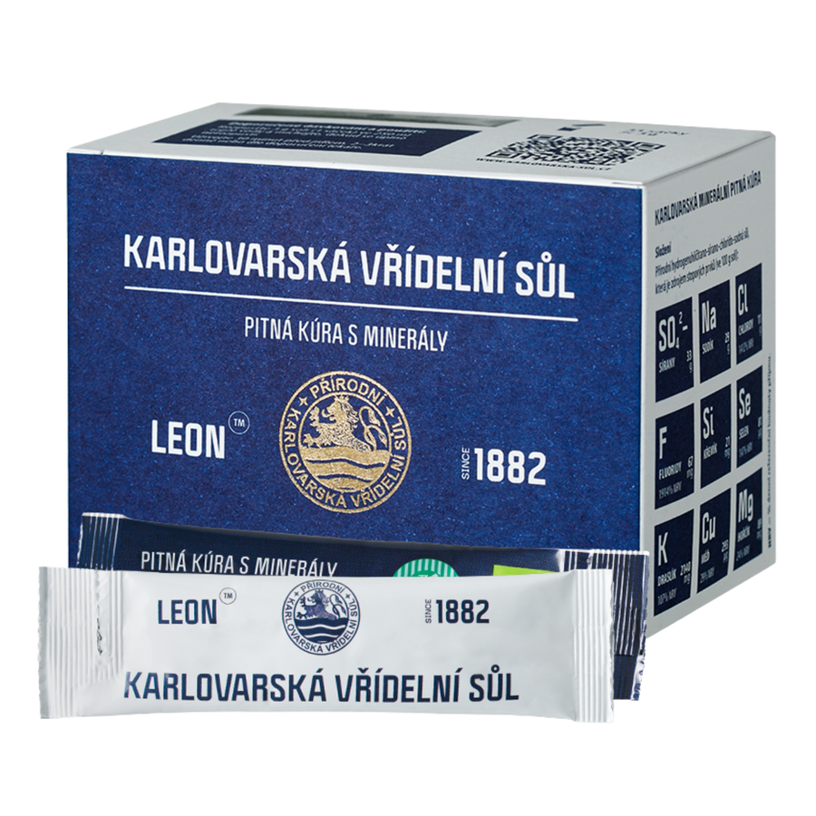 Karlovarská vřídelní sůl v sáčcích 20 × 3 g – krabička a jeden sáček.