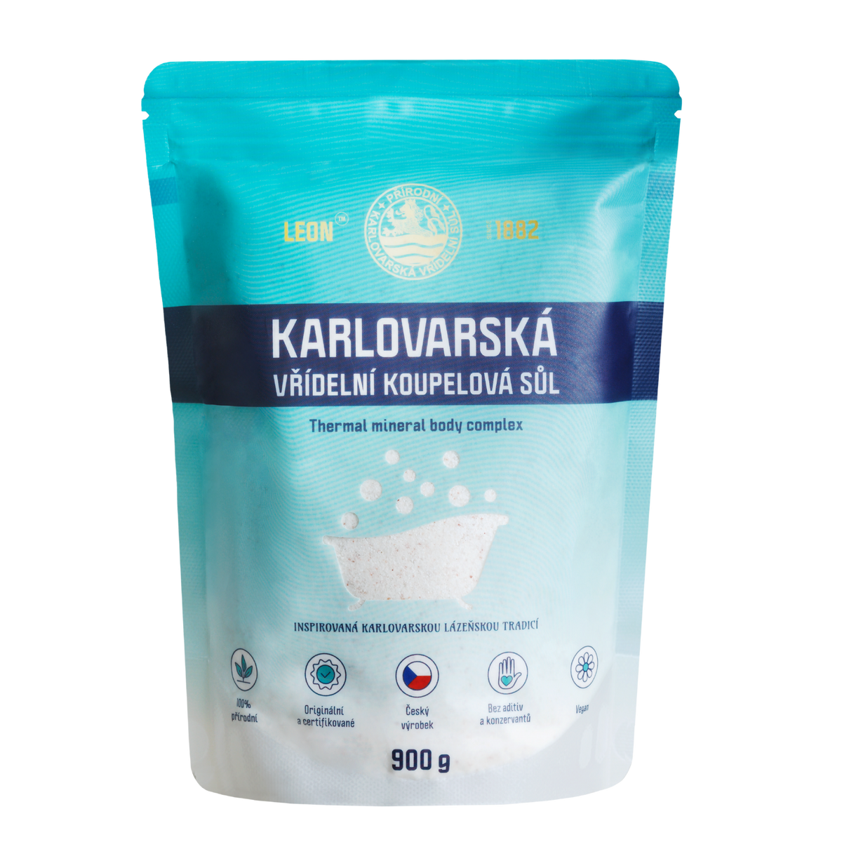 Přední strana tyrkysového sáčku koupelové soli LEON 900 g se ZIP uzávěrem.