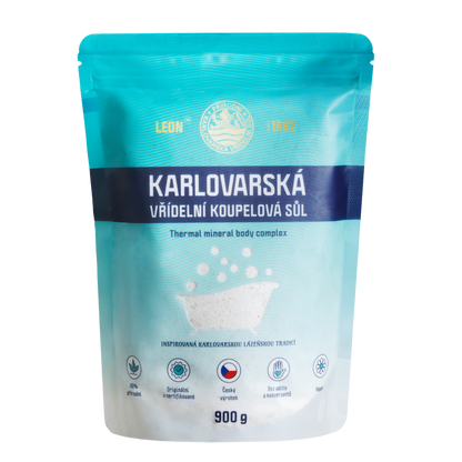Přední strana tyrkysového sáčku koupelové soli LEON 900 g se ZIP uzávěrem.