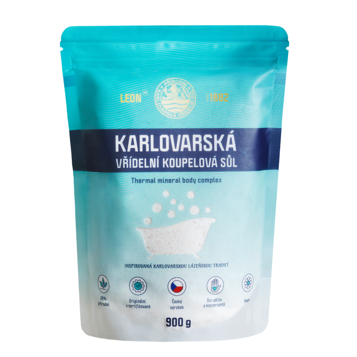 Přední strana tyrkysového sáčku koupelové soli LEON 900 g se ZIP uzávěrem.